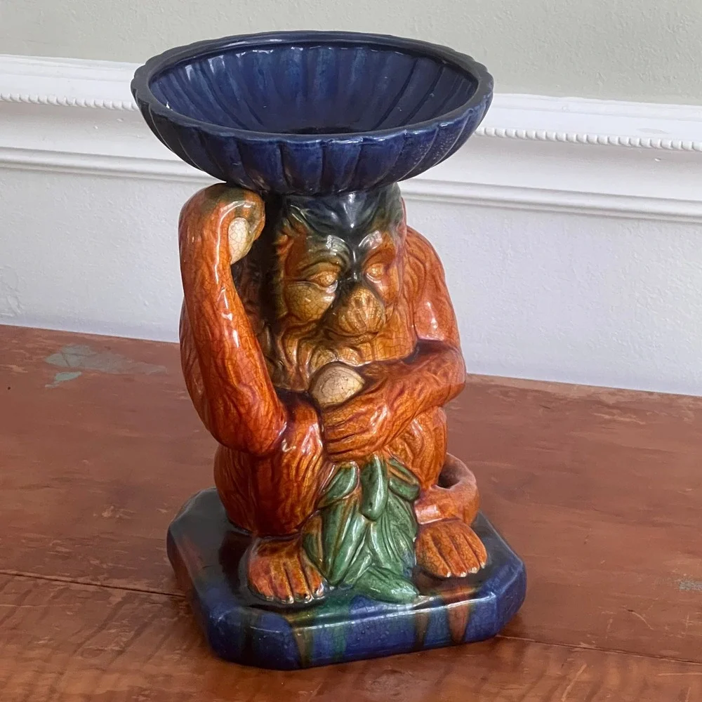 Majolica Monkey Figural Candle Holder Scalloped Bowl Blue Orange‎ Glazed Vintage